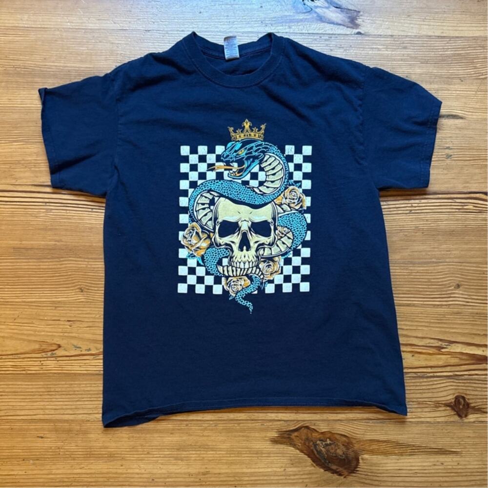 Dark blue king‎ cobra and skull checkered short sleeve cotton shirt SIZE L